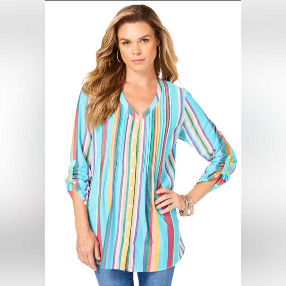 28W Roamans Rainbow Striped Boho Peasant Top Blouse